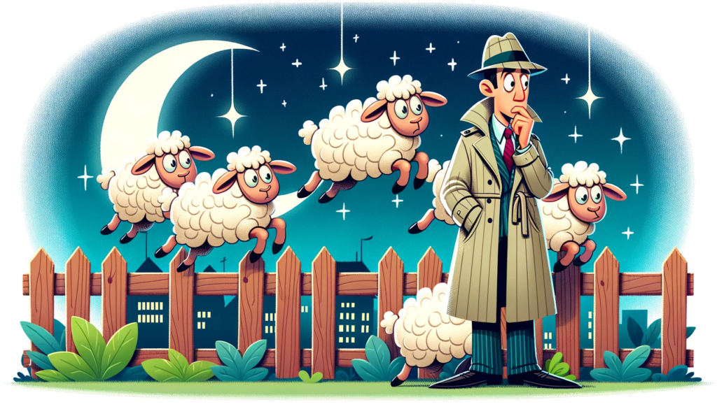A cartoon detective, magnifying glass in hand, closely inspects a flock of fluffy sheep leaping over a fence. Set against a dreamy nighttime backdrop, his thought bubble brims with question marks, indicating his curiosity about the age-old practice of counting sheep to fall asleep.